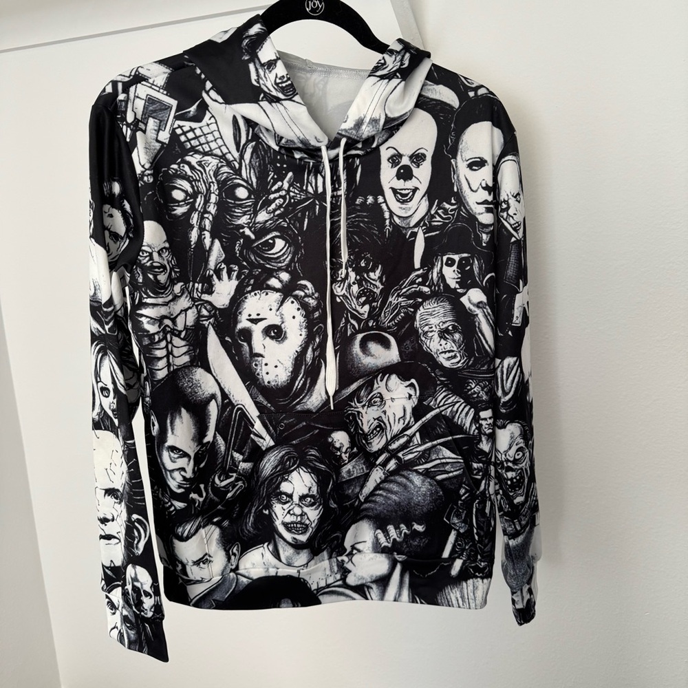Halloween Horror Movie Characters Black and White Graphic Hoodie Small Medium
